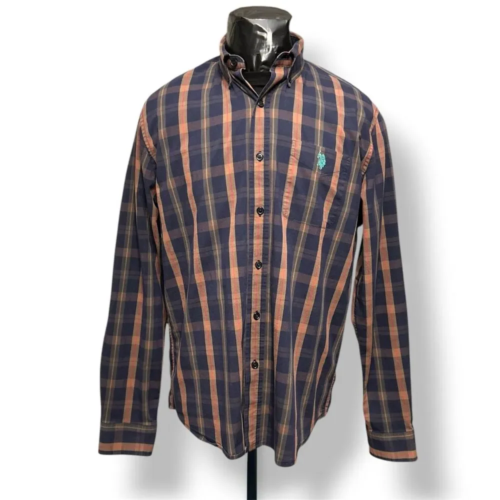 U.S. Polo Assn.‎ Men’s L Navy Yellow Plaid Stretch Button-Up Shirt Casual Preppy